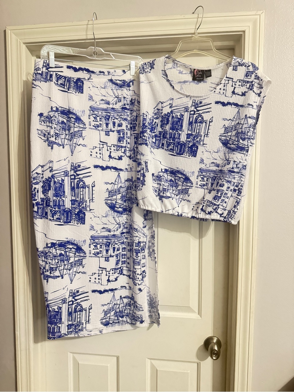 Women’s Blue & White Printed Midi Skirt and top set — Coastal Sketch Print